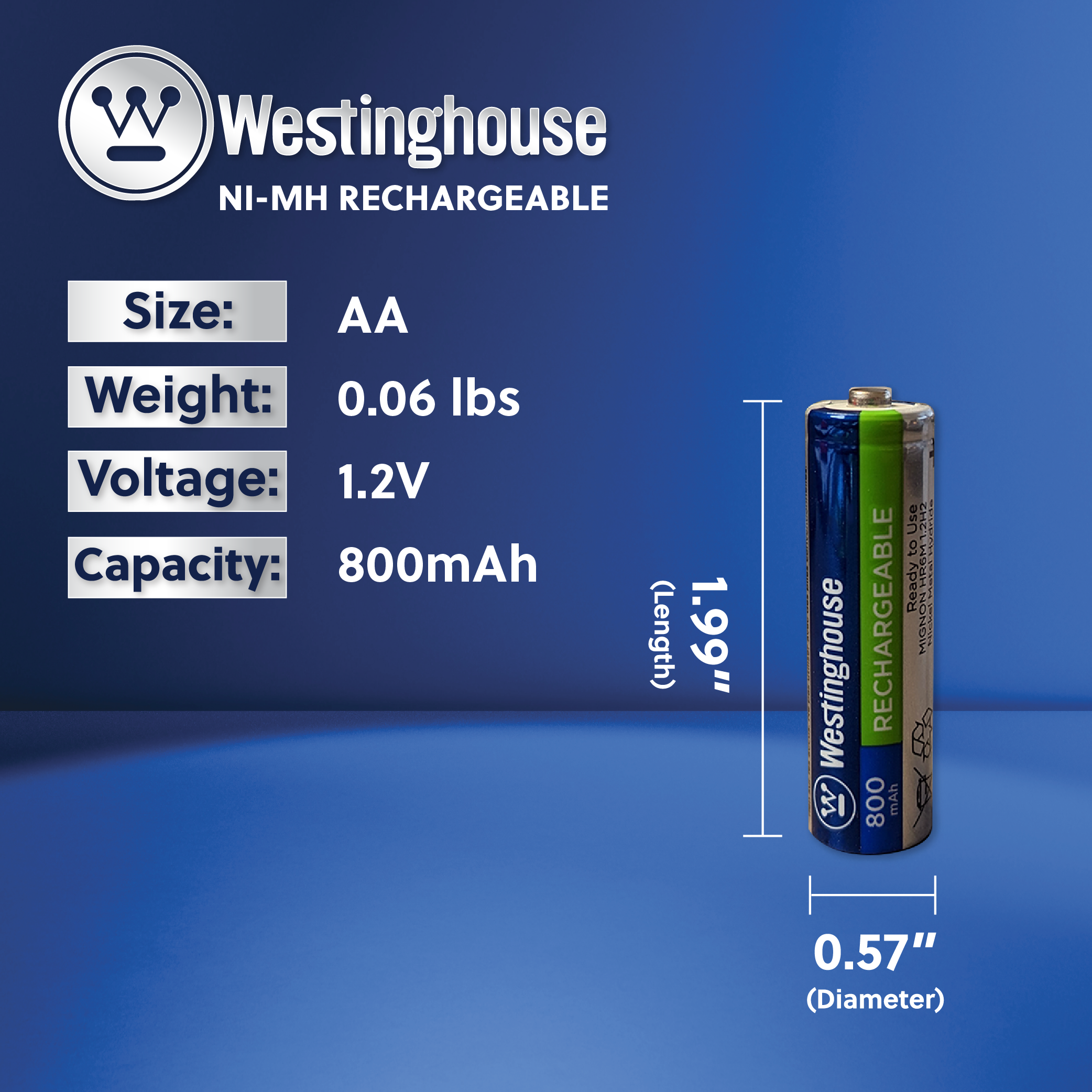 Westinghouse AA 1.2V Ni-Mh 800mAH Rechargeable Batteries Box 8Pk